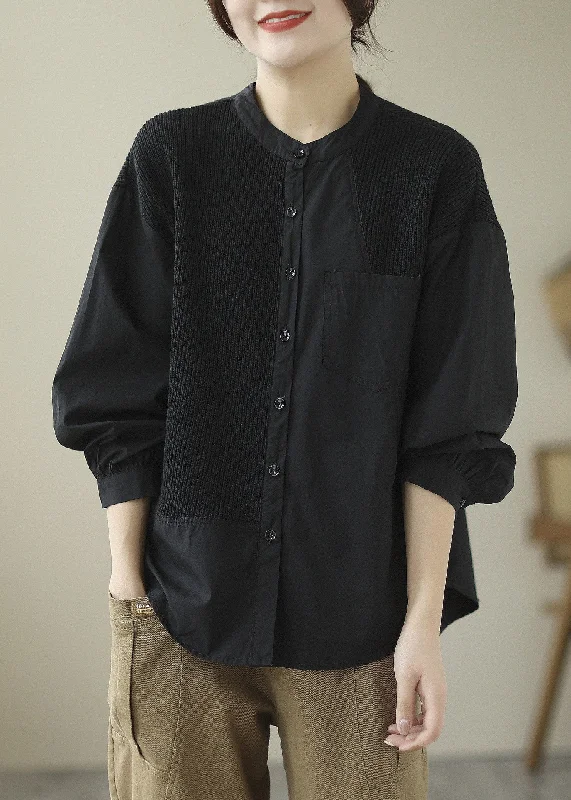 Comfy Fabrics Black O-Neck Button Cotton Tops Long Sleeve
