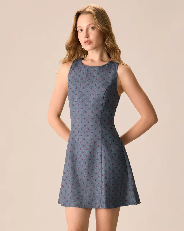 Personalized Independent Style The Grey Round Neck Polka Dot Mini Dress