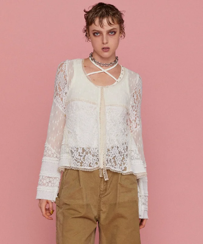 Easy Wardrobe 【25SPRING PRE-ORDER】Lace Fabric Docking Cardigan