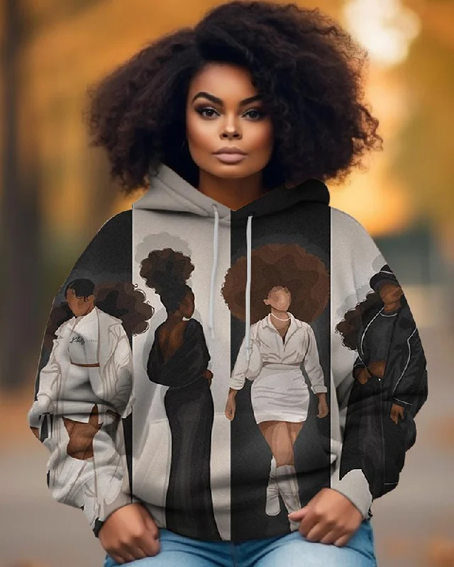 Chic Outfits Black Girl Black And White Striped Printed Women's Hoodie