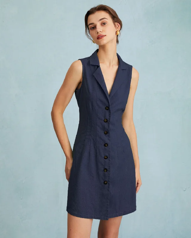 Comfortable Layers The Navy Lapel Button-up Sleeveless Mini Dress