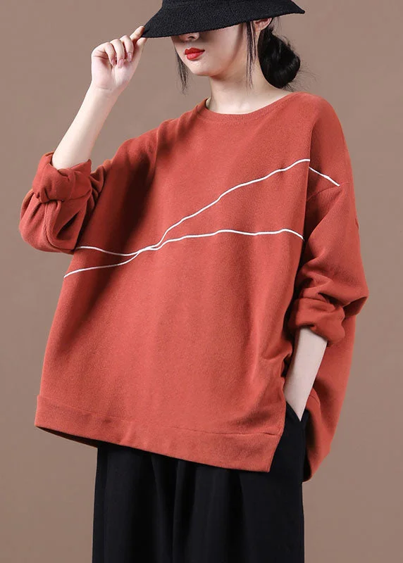 Cozy Comfort Elegant Brick Red O-Neck Embroideried Loose Fall Sweatshirt