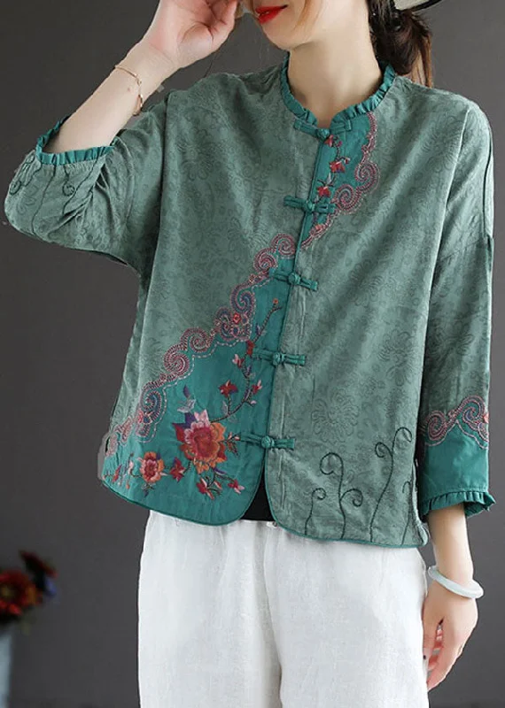 Trendy Comfort Green Patchwork Cotton Shirt Ruffled Chinese Button Spring