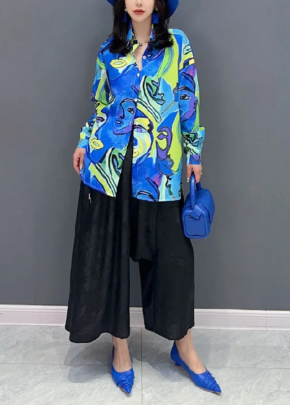 Versatile Wear Unique Blue Peter Pan Collar Print Patchwork Cotton Shirts Summer