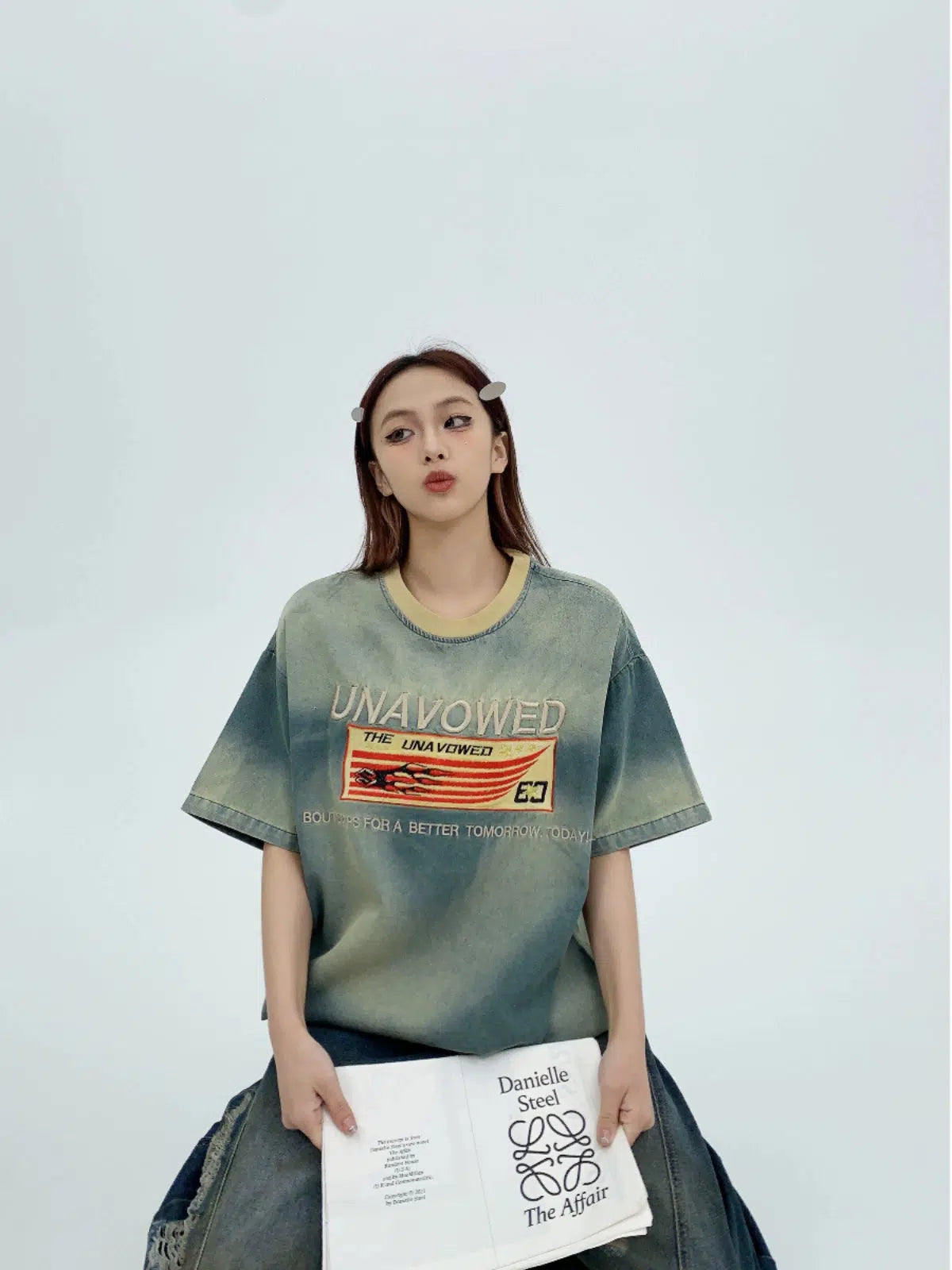 Casual Vibes Distressed Embroidered Denim T-shirt