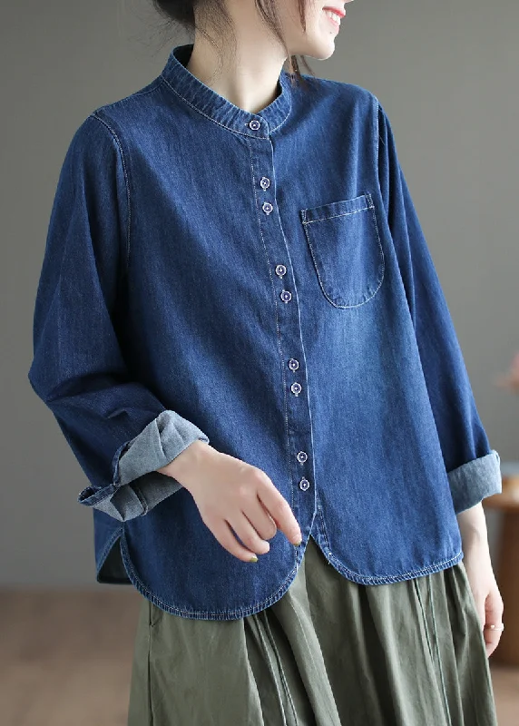 Fashion Layers Boutique Navy O-Neck Asymmetrical Patchwork Button Denim Shirt Spring Fashion Layers Boutique Navy O-Neck Asymmetrical Patchwork Button Denim Shirt Spring