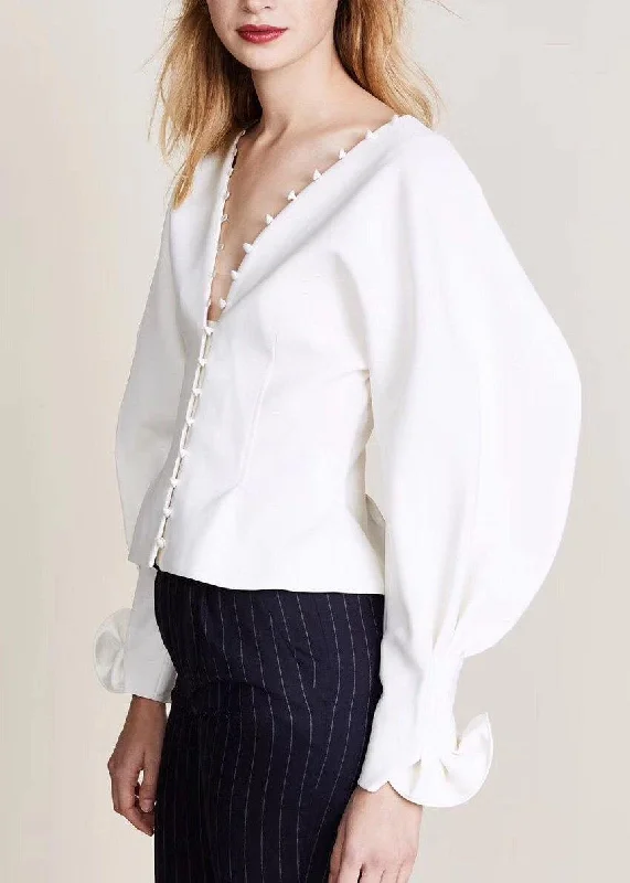 Romantic Dinner diy white chiffon box top Puff Sleeve oversized summer v neck shirt