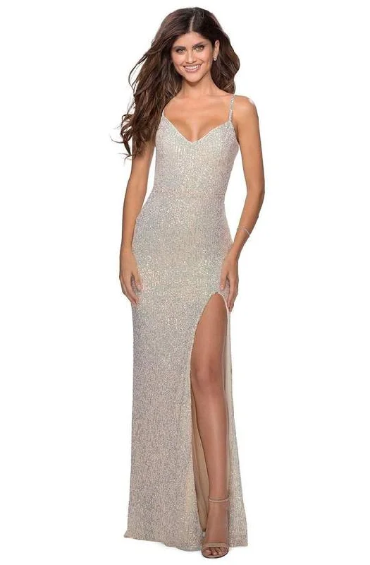 Relaxing Attire La Femme - Sequined V-Neck Dress with Slit 28441SC - 1 pc Champagne In Size 2 Available Relaxing Attire La Femme - Sequined V-Neck Dress with Slit 28441SC - 1 pc Champagne In Size 2 Available