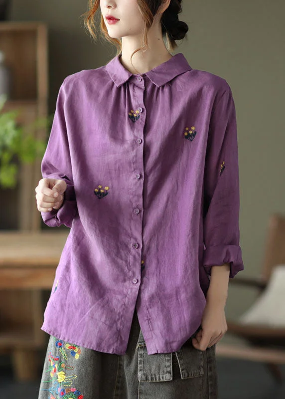 Casual Everyday Wear Purple Patchwork Linen Shirts Peter Pan Collar Embroideried Spring Casual Everyday Wear Purple Patchwork Linen Shirts Peter Pan Collar Embroideried Spring