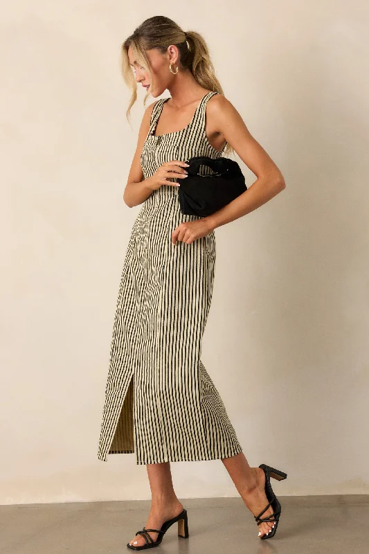 Modern Looks Timeless Beauty Black Stripe Zip Front Denim Maxi Dress