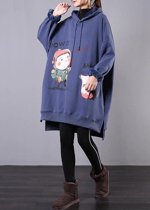 Personalized Contrast Design Elegant blue print cotton box top hooded drawstring fall blouse