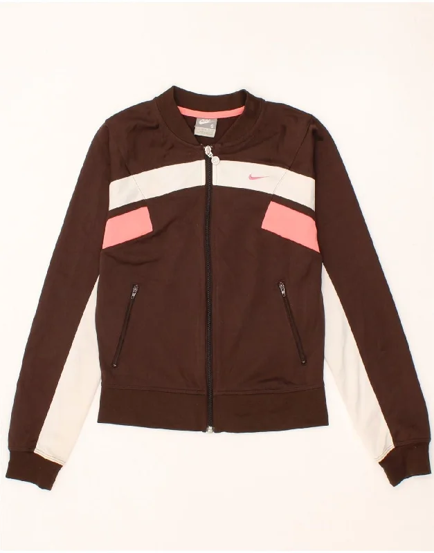 Casual Vibes NIKE Womens Tracksuit Top Jacket US 4/6 Small Brown Colourblock Polyester