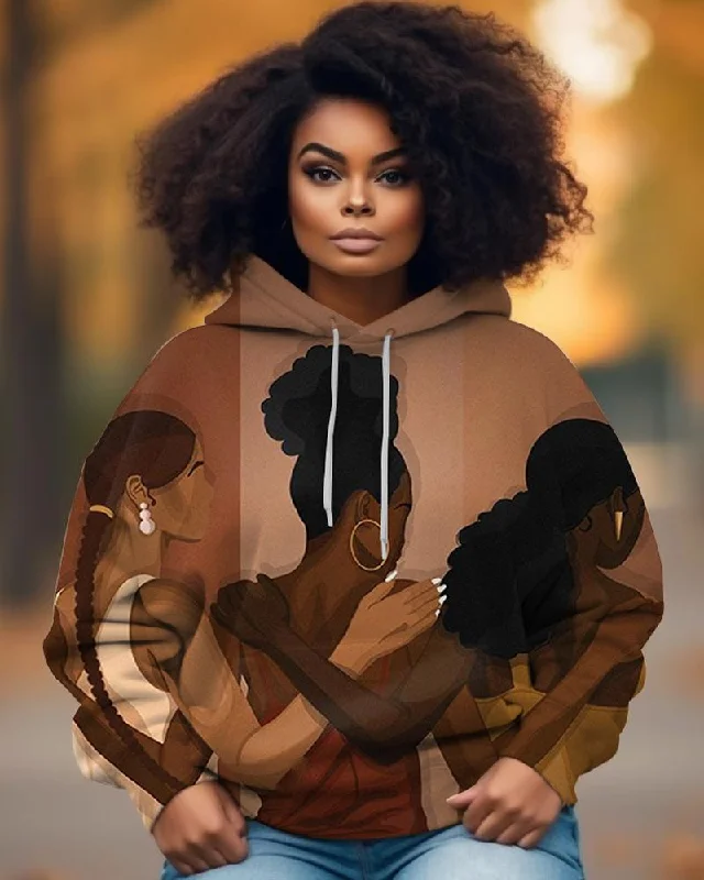 Elegant Comfort Black Girls Shoulder To Shoulder Printed Women's Hoodies