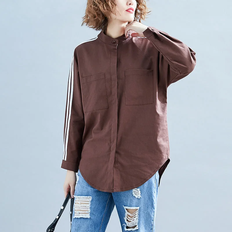 Trendy Vibes Elegant chocolate linen clothes For Women Organic Neckline long sleeve box patchwork striped top