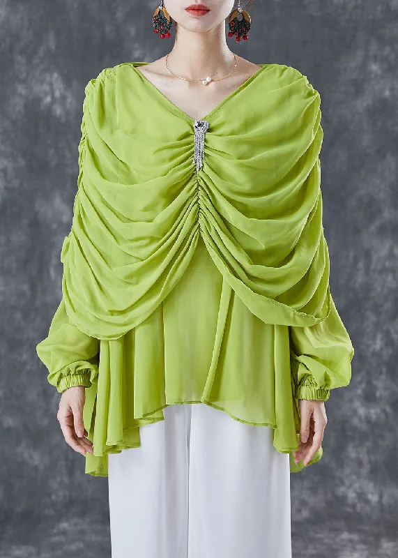 Affordable Fashion Grass Green Chiffon Blouses V Neck Wrinkled Summer