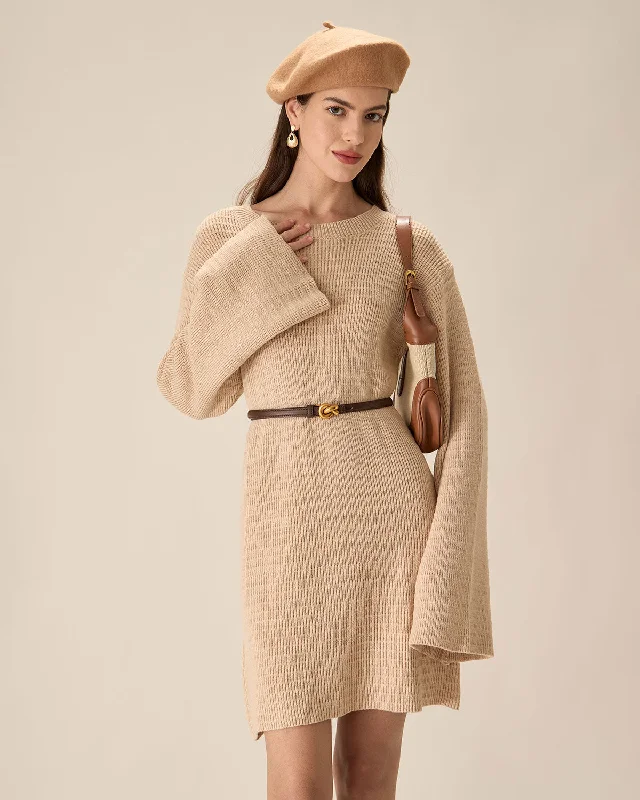 Casual Everyday Wear Beige Drop Shoulder Sweater Mini Dress