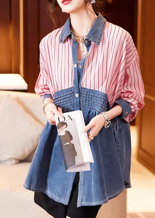 Easygoing Fashion Fitted Pink Blue Peter Pan Collar Button Shirt Long Sleeve