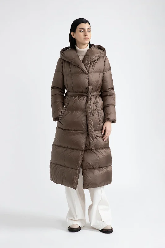 Soft Fit Long goose down jacket with hood and belt