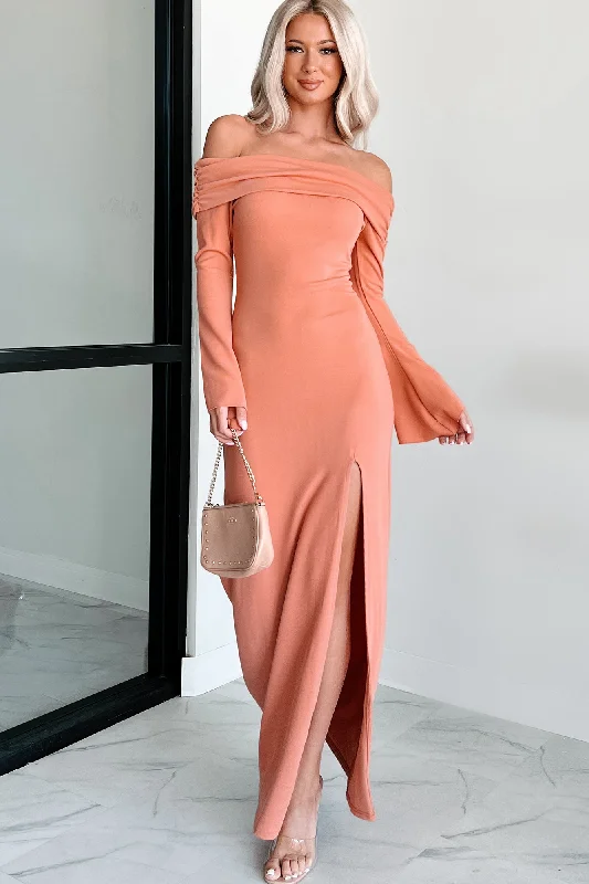 Romantic Dinner Cue The Drama Off The Shoulder Maxi Dress (Coral)
