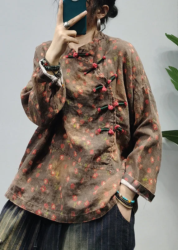 Romantic Dinner Chocolate Print Linen Loose Sweatshirt Stand Collar Long Sleeve