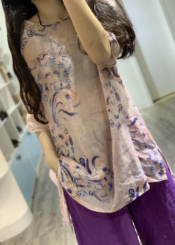 Stylish Comforts Natural pink prints linen top silhouette low high design short summer shirt