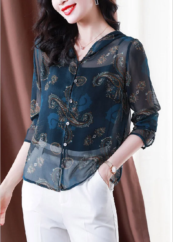 Cozy Comfort Classy Blue Embroideried Button Hooded Tulle Coat Long Sleeve