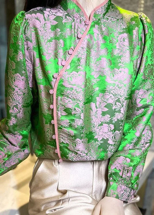 Fashionable Fit Chinese Style Green Jacquard Oriental Button Patchwork Silk Shirts Spring Fashionable Fit Chinese Style Green Jacquard Oriental Button Patchwork Silk Shirts Spring