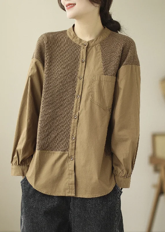 Stylish Comfortwear French Khaki Knit Patchwork Cotton Shirt Spring