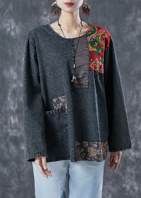 Comfortable Fit Boho Black Asymmetrical Patchwork Denim Sweatshirts Top Spring
