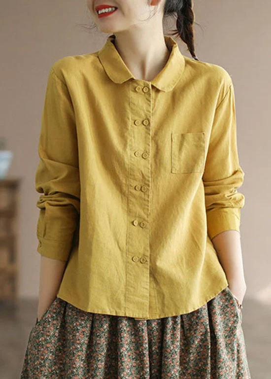 Cozy Daywear Chic Yellow Peter Pan Collar Button Patchwork Linen Shirts Tops Spring