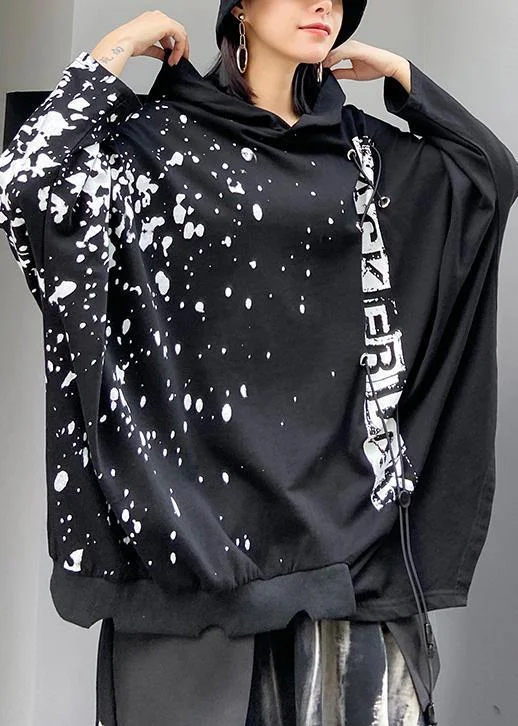 Fashion Layers Natural hooded baggy tunic top Shirts black Letter shirt