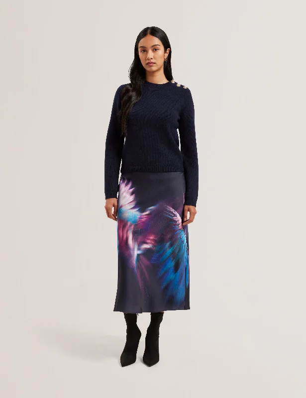 Comfortable Layers Janha Rose Button Crew Neck Long Sleeve Sweater Navy