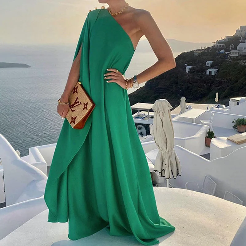 Personalized Graphic Design Strike A Pose One Shoulder Statement Maxi Dress - Emerald