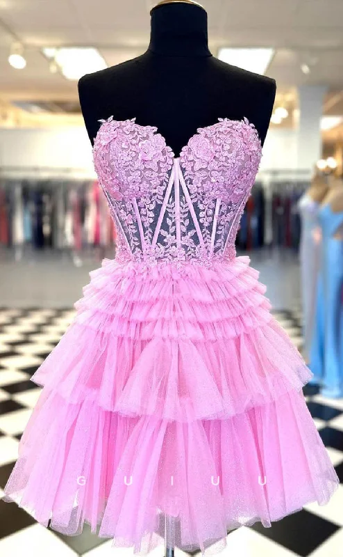 Romantic Dinner GH605 - Sexy & Hot Strapless Ball Gown Sheer Appliques Tiered Open Back Homecoming Dress Romantic Dinner GH605 - Sexy & Hot Strapless Ball Gown Sheer Appliques Tiered Open Back Homecoming Dress