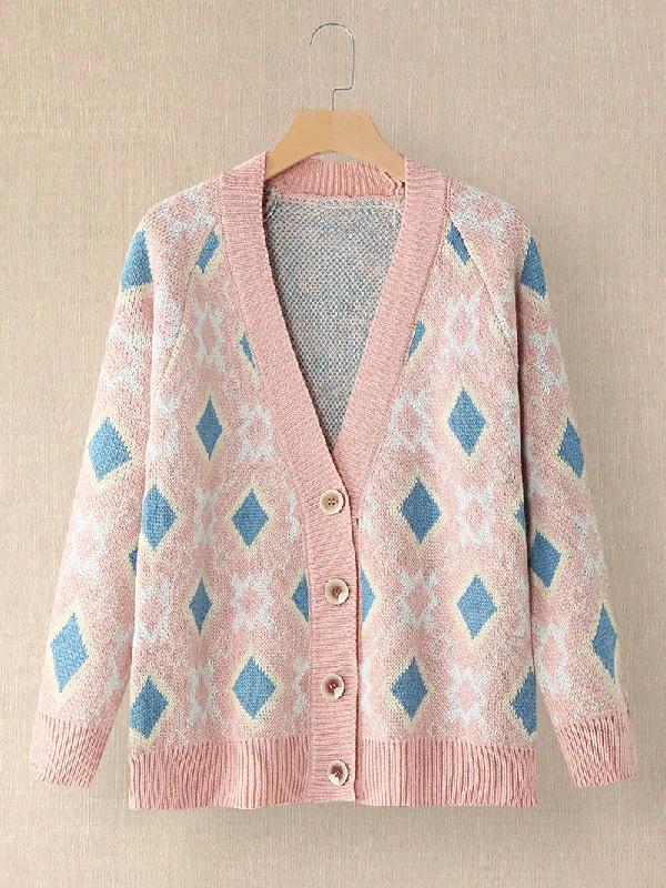Fashion Staples Women Argyle Pattern Geometric Knitted Casual Animated Button Cardigan