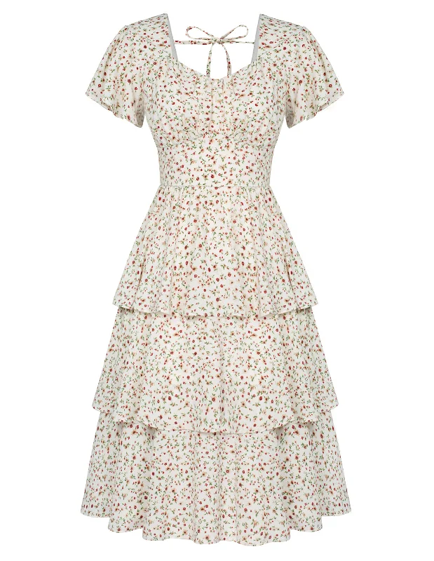 Cozy Wear Floral Print Square Neck Tiered Ruffle Dress 2023 Summer Vintage A-line Swing Midi Dress