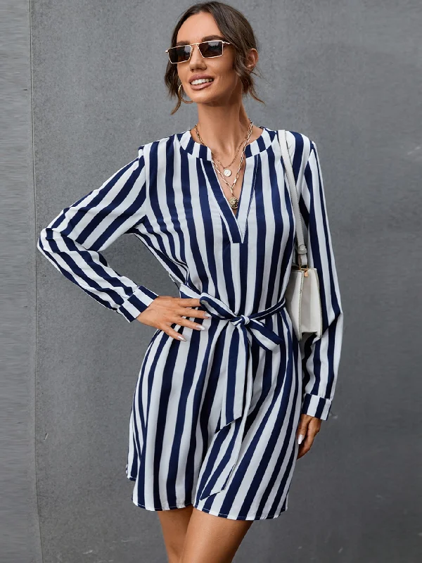 Comfortable Layering KittenAlarm - V Neck Striped Belted Dress