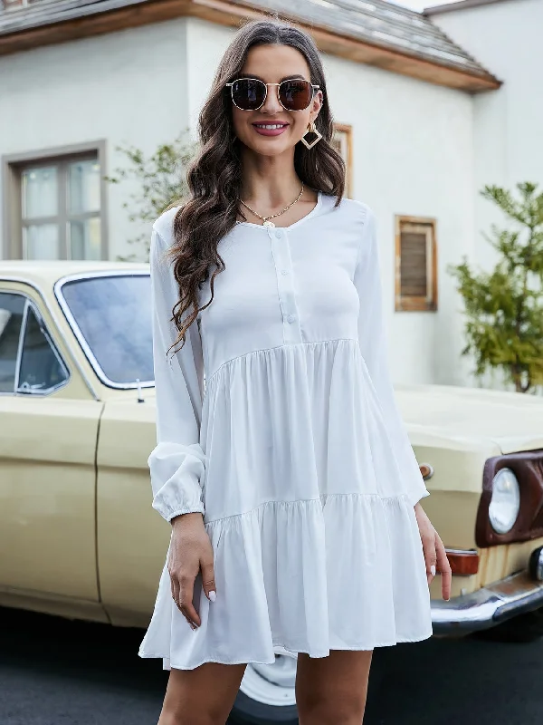 Personalized Embroidery Style KittenAlarm - Lantern Sleeve Button Front Ruffle Hem Dress