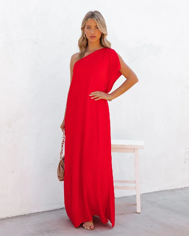 Personalized Art Style Strike A Pose One Shoulder Statement Maxi Dress - Tomato Red