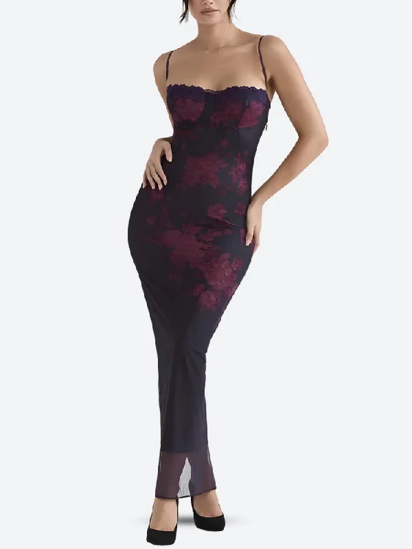 Versatile Clothing Floral Bodycon Lace Up Mesh Maxi Dress