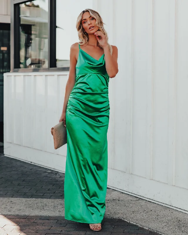 Elegant Fashion Take Care Satin Cowl Neck Maxi Dress - Green - FINAL SALE