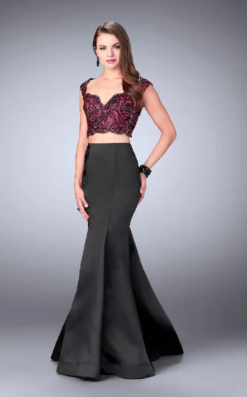 Personalized Design Jacket La Femme - 24235 Dramatic Beaded Lace Applique Long Mikado Evening Gown