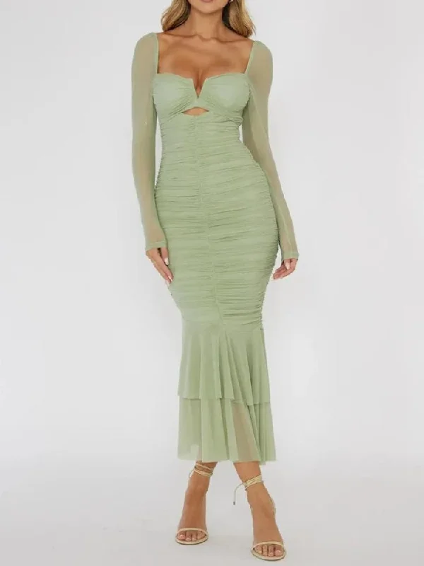 Personalized Independent Style Mesh Ruched Bodycon Midi Dress