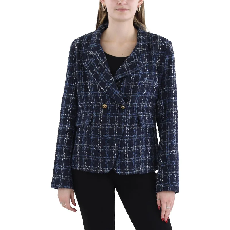 Cozy Fits Aqua Womens Plaid Tweed Double-Breasted Blazer