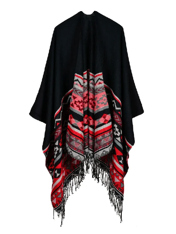 Elegant Fashion Women Sleeveless Geometric Tassel Striped Reversible Wrap