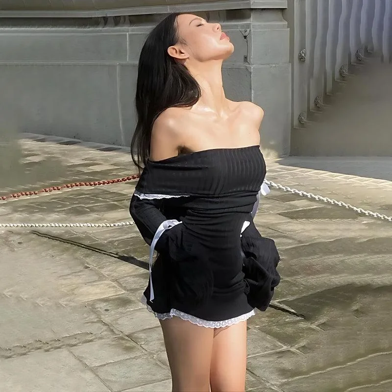 Sleek Outfits Y2K Corduroy Off Shoulder Bow Mini Dress