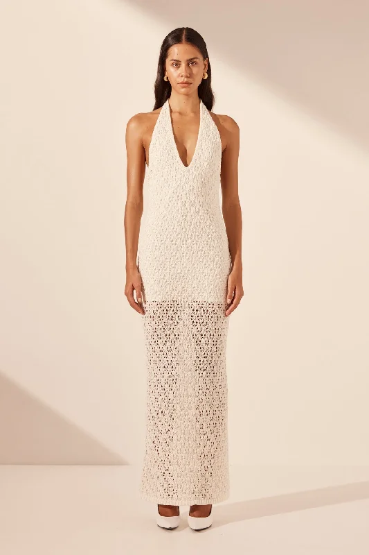 Romantic Skirt Design EMILIO HALTER OPEN BACK MAXI DRESS - RICE