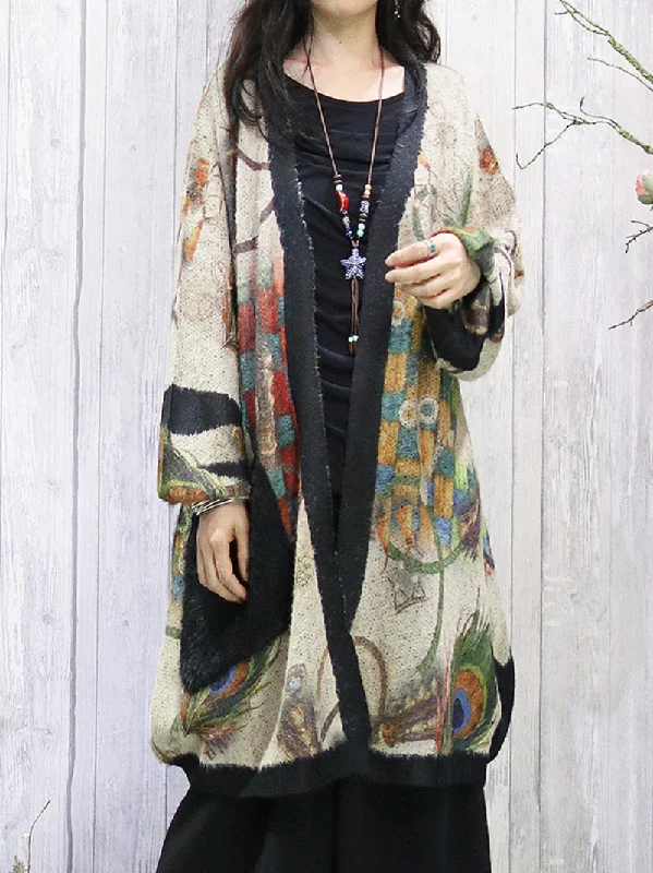 Warm Clothing Women's Generous Stylish Loose Printed Big Pocket Cardigan