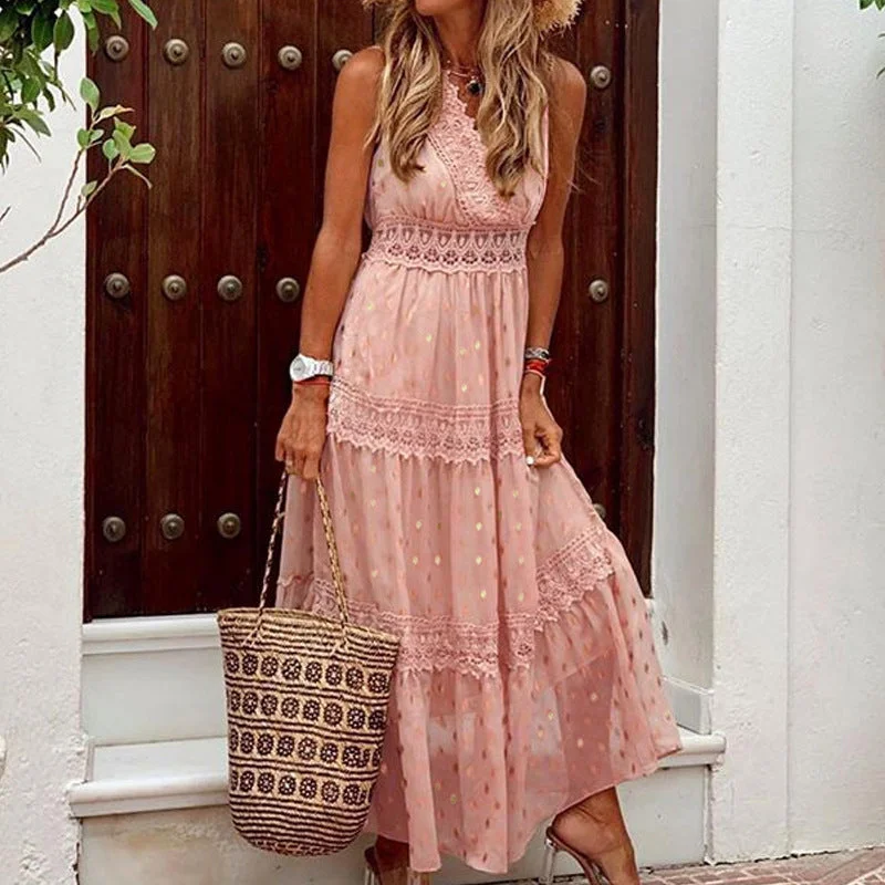 Unique Personality Starlit Peplum Lace Maxi Dress - Peach