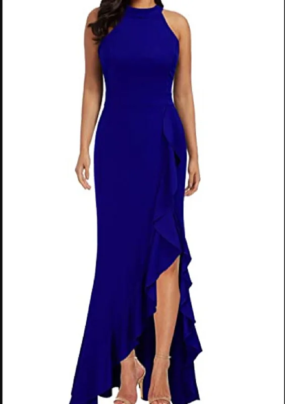 Cozy Wear Sunlit Soiree Satin High Low Ruffle Maxi Dress - Cobalt Blue - FINAL SALE